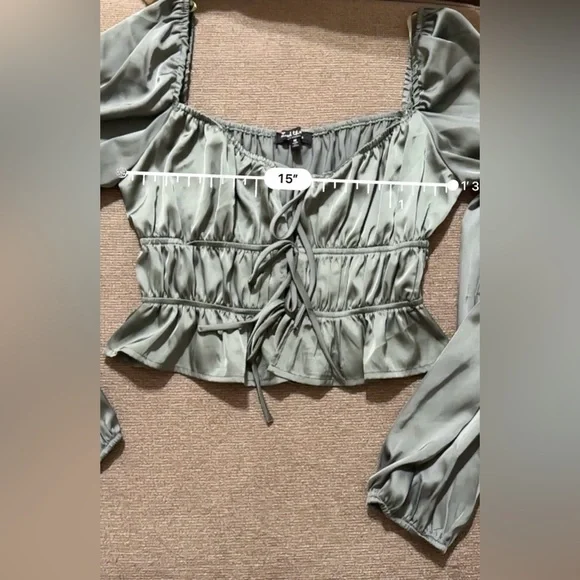 Mixed Threads Tie Front Square Neck Hunter Green Peasant Crop Blouse - Picture 11 of 13